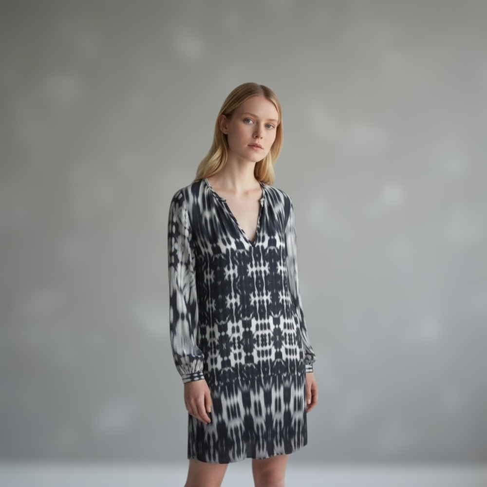 Nili Lotan Vapor Print Black White Silk Dress Long Sleeve Womens XS Made in NYC
